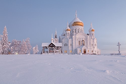 Christmas morning view of church of the Exaltation of the Cross in Belogorsky Monastery, Perm Krai, Russia