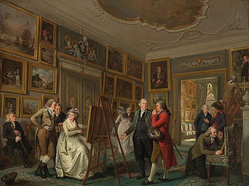 Example of artwork with annotations and the applies to part (P518) qualifier, within the depicts (P180) property, to help identify several other creative works and notable people depicted in it