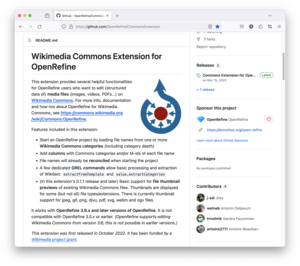 Screenshot of GitHub page of the Wikimedia Commons extension for OpenRefine