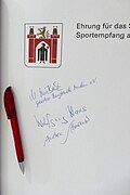 * Nomination Guestbook at the reception for successful sportspeople of the city of Munich 2025 --Kritzolina 18:11, 29 March 2025 (UTC) * Decline I'm sorry, but not in my opinion. Poor image detail, white balance not really successful and it should also be a bit sharper. --St. Krug 19:41, 1 April 2025 (UTC)