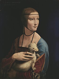 Example of a artwork with good use of shown with features (P1354), wears (P3828), and expression, gesture or body pose (P6022) as qualifiers