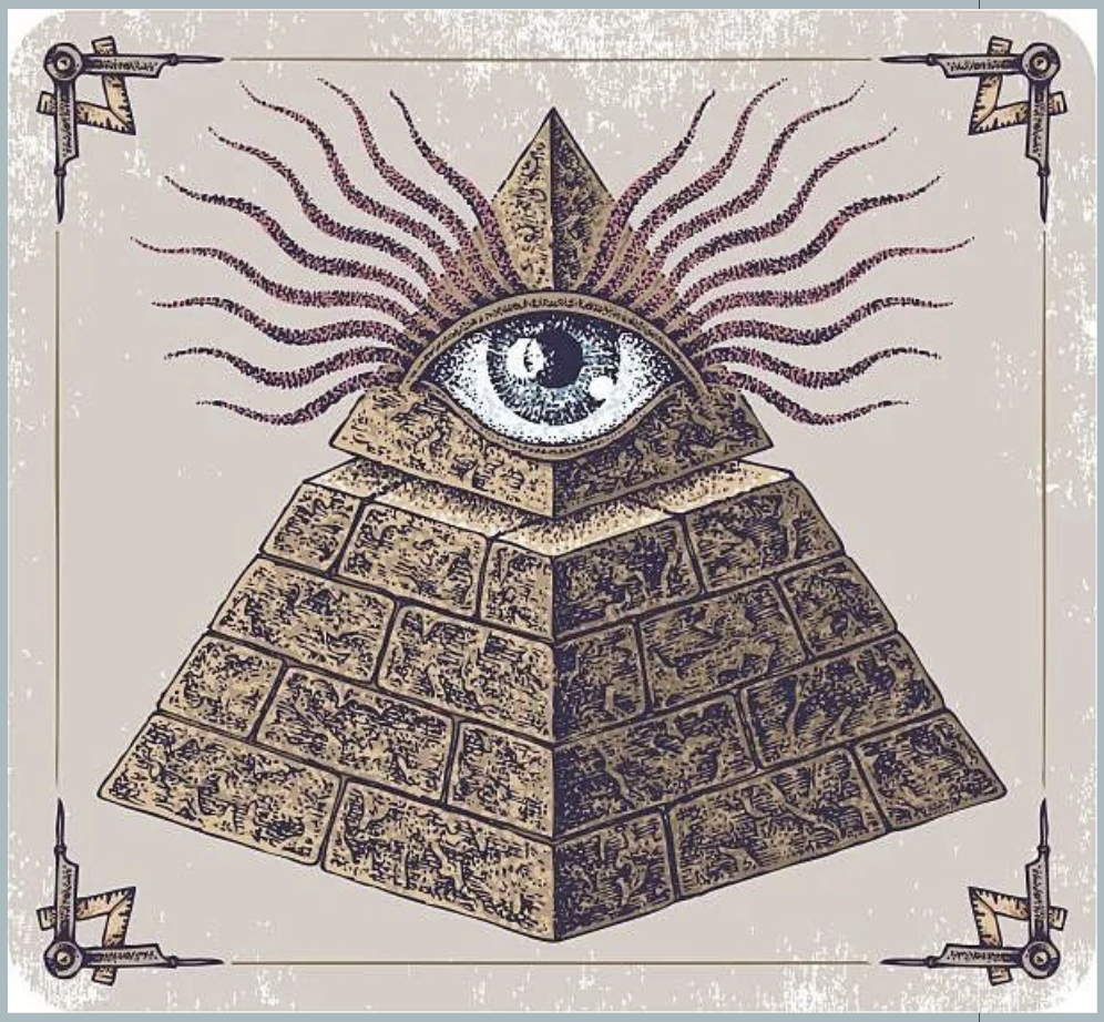 An all-seeing eye on top of a pyramid with the Freemason square and compass in each corner.