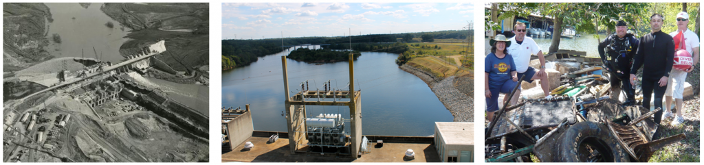 Three images: arial view of dam under construction, view of lake from top of dam, volunteers on clean up day
