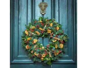 Holiday wreath on door