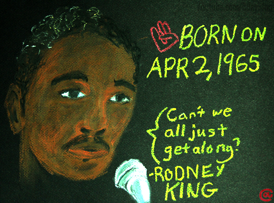 Painting of Rodney King with quote "Can't we all just get along?" and "Born on April 2, 1965."