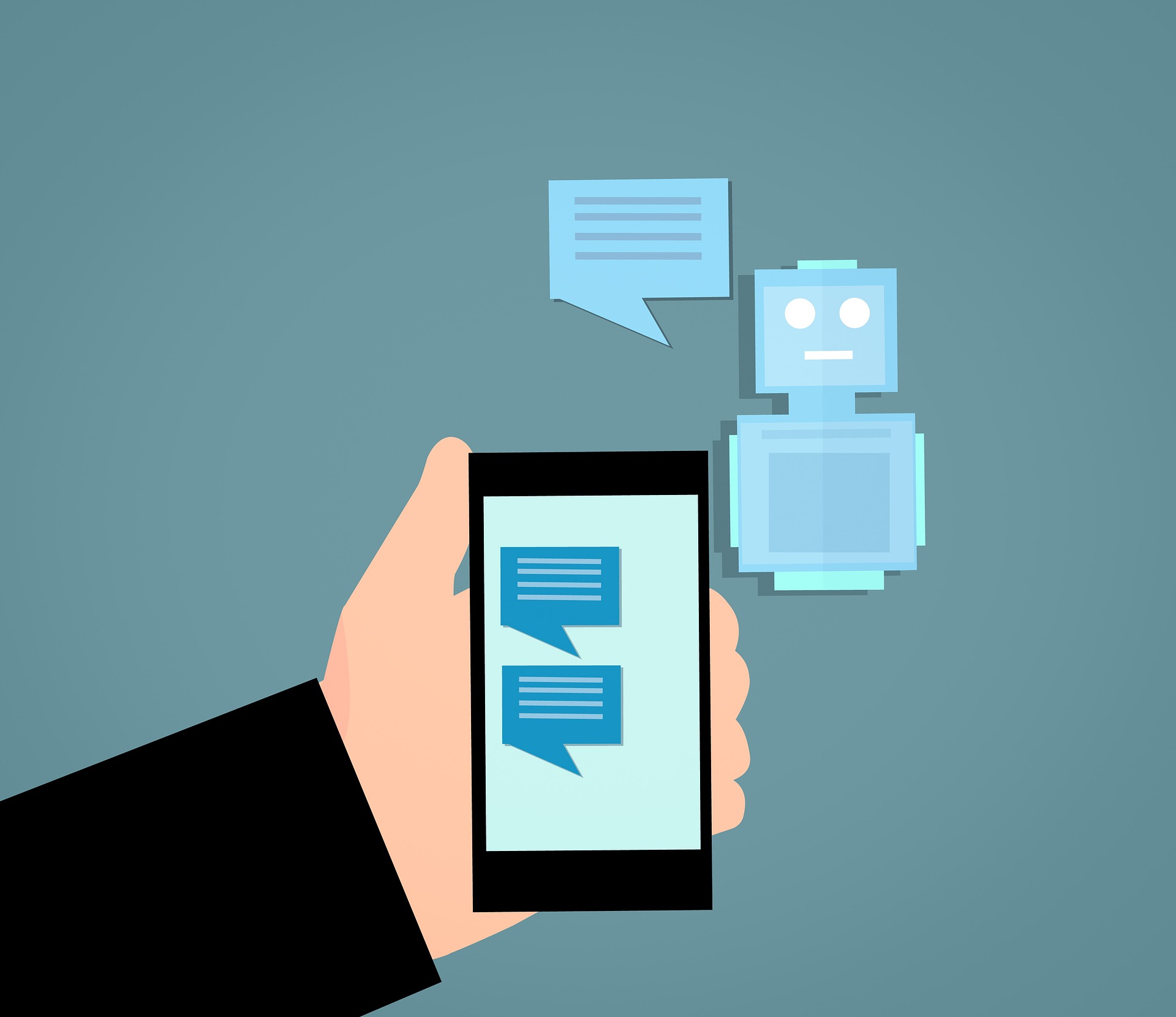 Image of arm holding phone with messages to a bot that is replying.