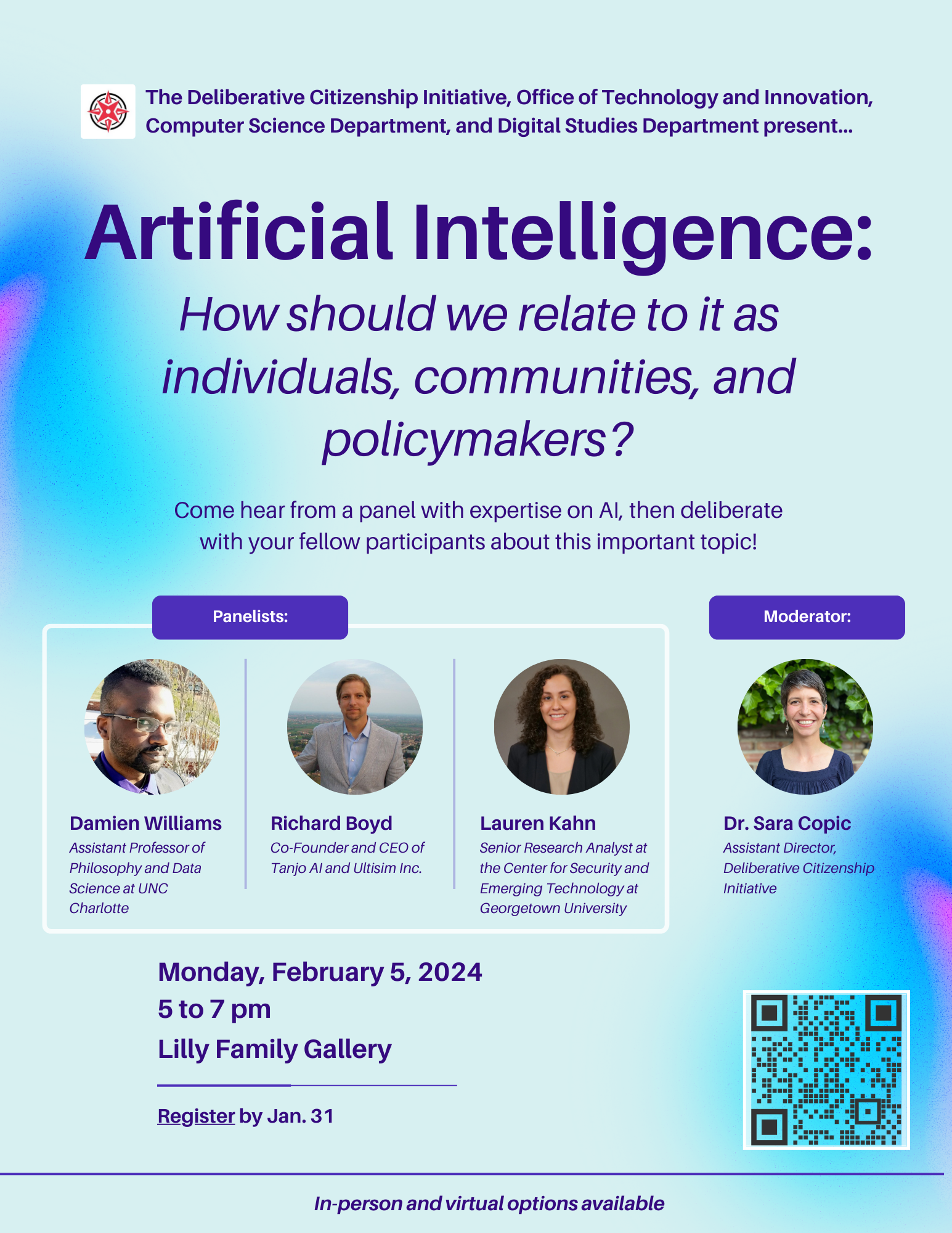 DCI Artificial Intelligence event poster.