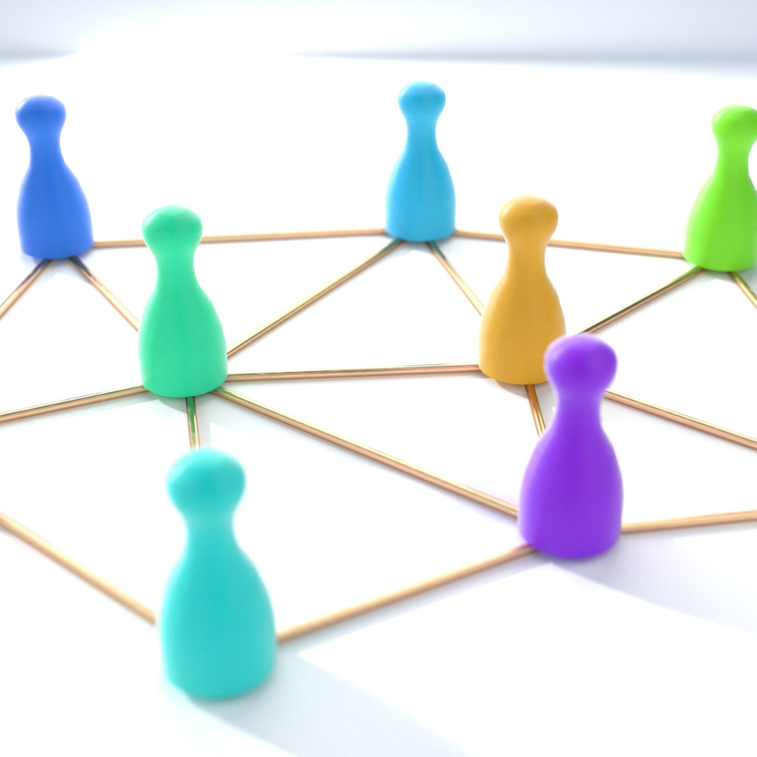 Game pieces connected by a network