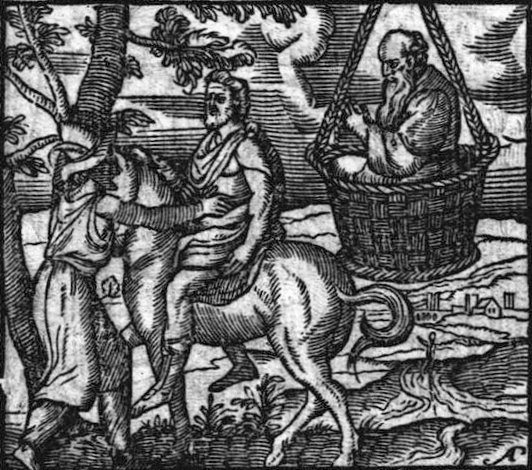 Strepsiades and Pheidippides are discussing, Socrates is hanging in the air in a basket. Scene from Aristophanes's comedy Clouds.