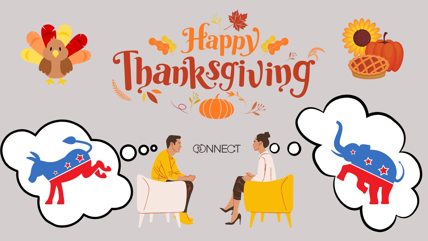 Thanksgiving images with people talking and Donkey and Elephant in their thoughts, with the word Connect between them.