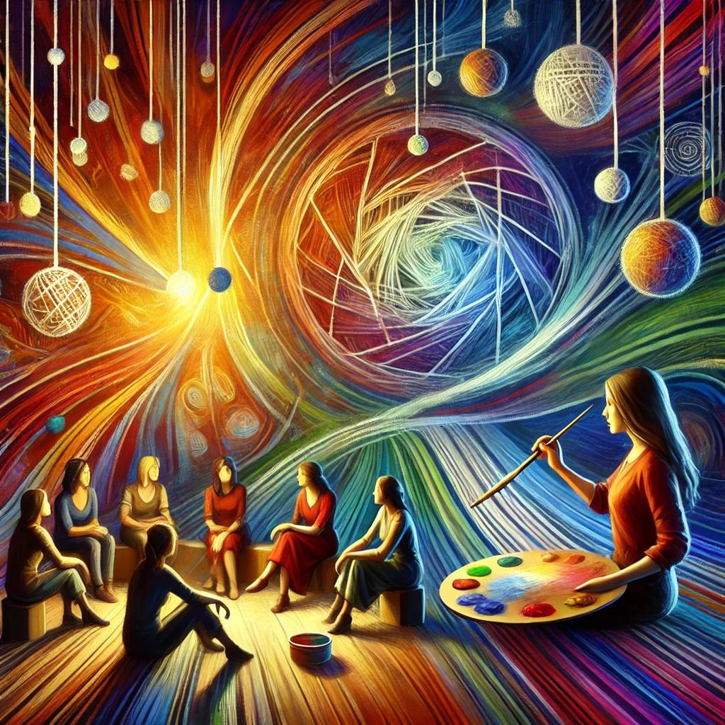 image of woman painting and women sitting around a circle talking