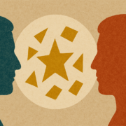 two figures facing each other, blue and red, with a star between them.