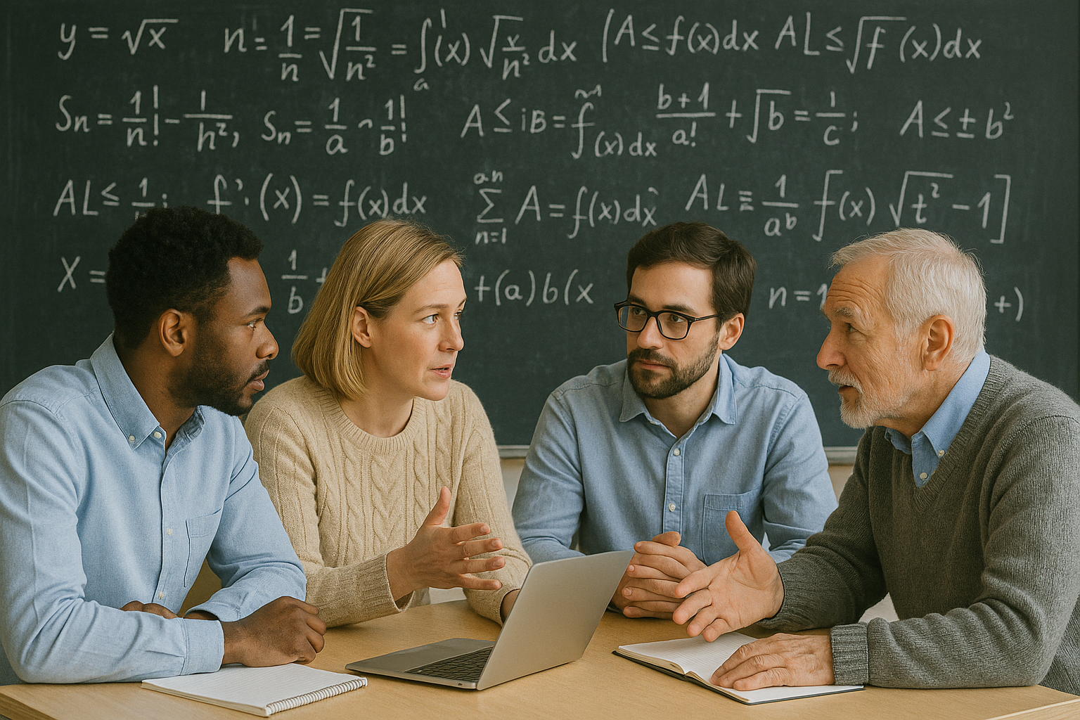 Photo of people sitting around a table talking with a mathematics blackboard behind them