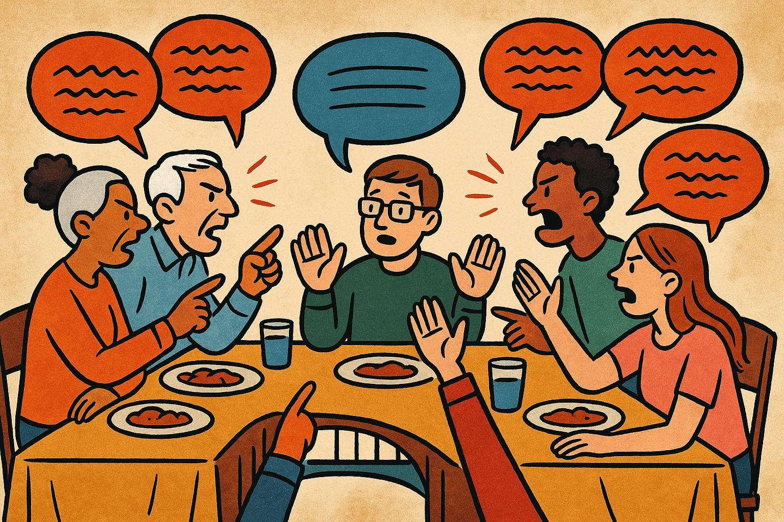 illustration of people arguing across a table with a mediator in between