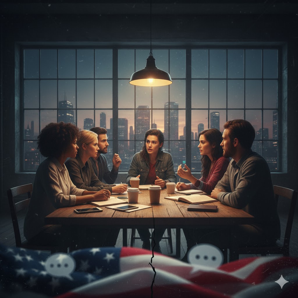 Image of people sitting around a table with cityscape behind, American flag in front, fragmented