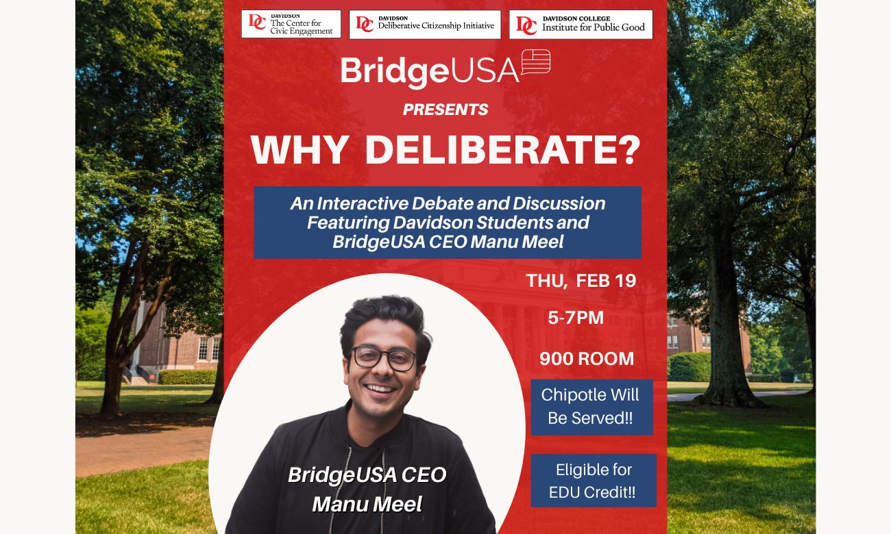 Flyer for Why Deliberate event featuring photo of Manu Meel