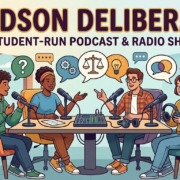 Davidson Deliberates cartoon image with four students sitting around a table talking to microphones.