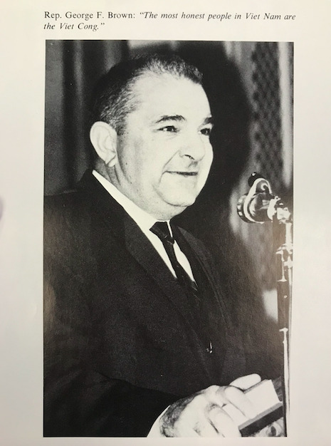 Short caption from Rep. Brown's speech on campus detailing a growing/strong anti-military or anti-war sentiment in the late 1960s.