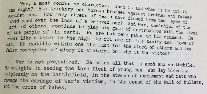 Inklings creative fiction written in 1975 (the end of the Vietnam war) that discusses the meaningless destruction caused by war and its all-consuming nature.