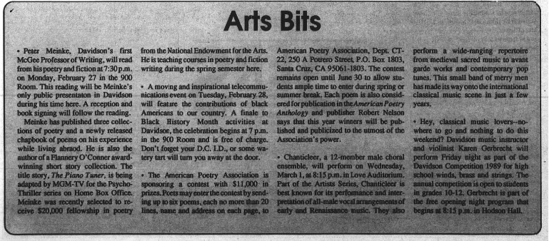 Screenshot of article from The Davidsonian about reading from visiting McGee professor