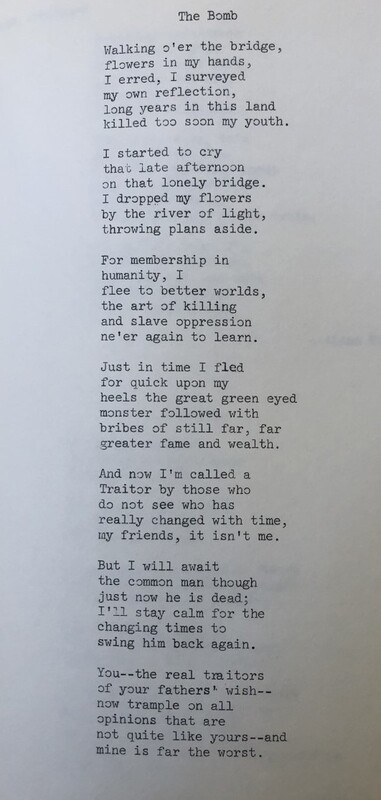 A counter-culture poem. Specifically, a creative piece in which the narrator refuses to take part in the atrocities of war.