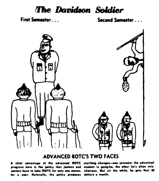 A political cartoon lampooning ROTC's presence on campus. It is not something to be taken seriously.