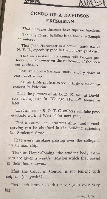 "Credo of a Davidson Freshman" from The Yowl