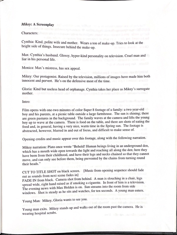 Photograph of page 1 of "Mikey: A Screenplay" by Jason Ferris