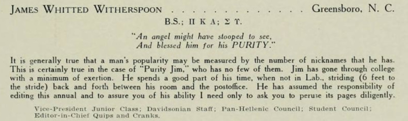 A bio detailing how "Purity Jim" got through college with a minimal of exertion.