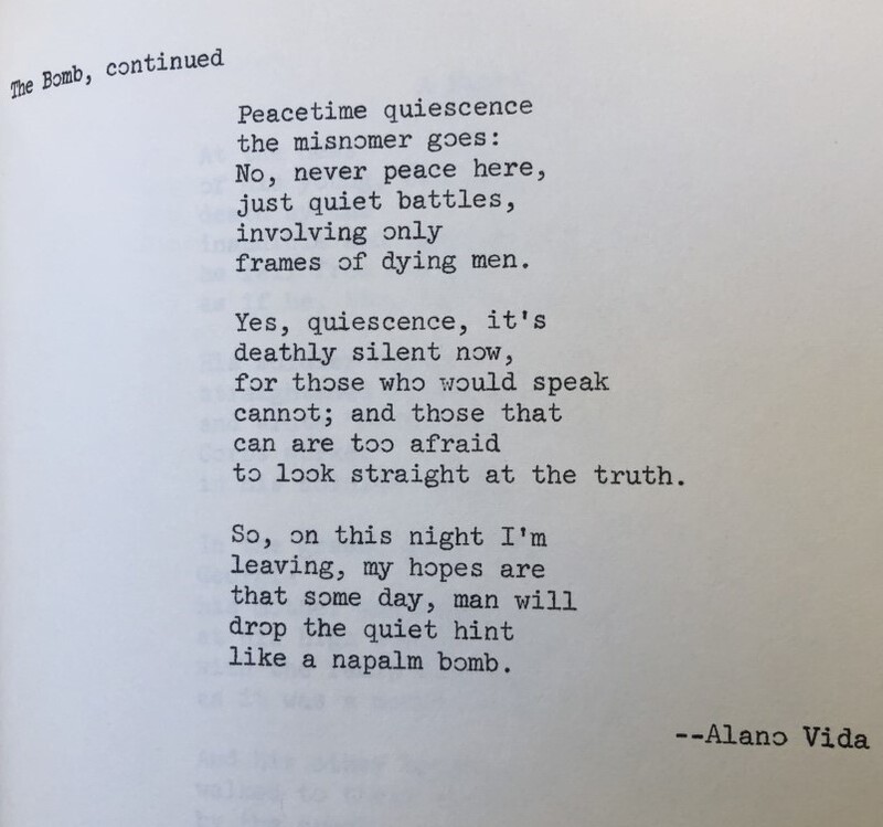 A counter-culture poem. Specifically, a creative piece in which the narrator refuses to take part in the atrocities of war.