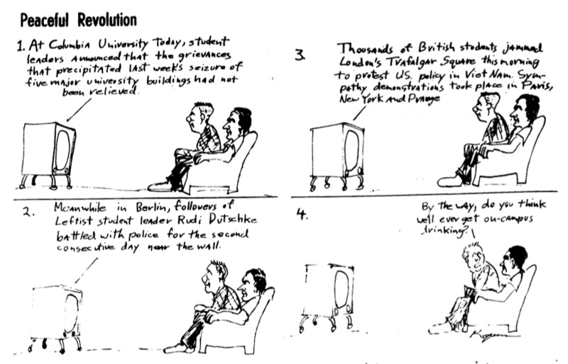 Political cartoon depicting student indifference about protest/ counter-culture.