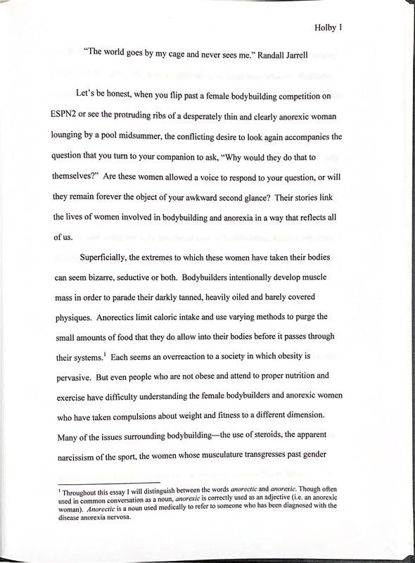 Photograph of page 1 of Alison Marie Holby's thesis  “The Cage: The Lives and Experiences of Female Bodybuilders and Anorexic Women."