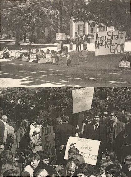 Students engaging in peaceful anti-war protests on Davidson's campus.