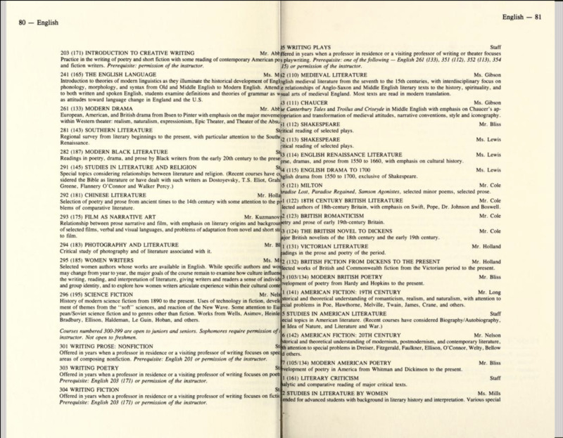 Screenshot of college catalog listing courses available in the English department