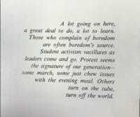 Student caption that might be overlooked in the yearbook, but displays a resentment toward student's lack of consistency over the years in activist efforts.