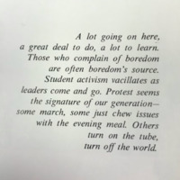 Student caption that might be overlooked in the yearbook, but displays a resentment toward student's lack of consistency over the years in activist efforts.