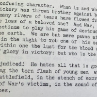 Inklings creative fiction written in 1975 (the end of the Vietnam war) that discusses the meaningless destruction caused by war and its all-consuming nature.