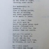 A counter-culture poem. Specifically, a creative piece in which the narrator refuses to take part in the atrocities of war.