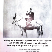 Fake ad with an image of a gentleman riding a white mule and accompanying text about drinking.