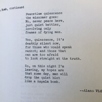 A counter-culture poem. Specifically, a creative piece in which the narrator refuses to take part in the atrocities of war.