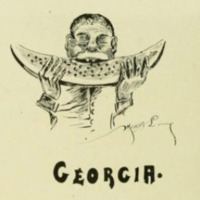 A cartoonish illustration of a Black man eating a watermelon