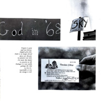 Image of a page from the 1968 Quips and Cranks with a small caption about religion and three images of a "worship attendance record," a chalkboard with the words "God in '68," and a sign with the words "Sky: given by God foundation."