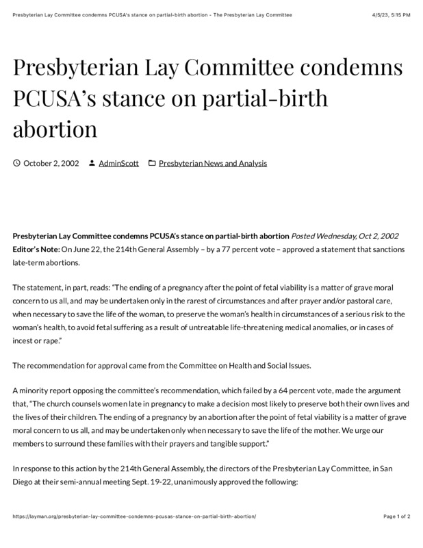 PDF of a website news article from the PC(USA) explaining their new stance on partial birth abortions. It has black text on a white background.