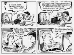 This is a cartoon that is in black and white and has four frames. There is a man and a woman sitting in their living room watching TV. On the TV is President Bill Clinton giving a speech.