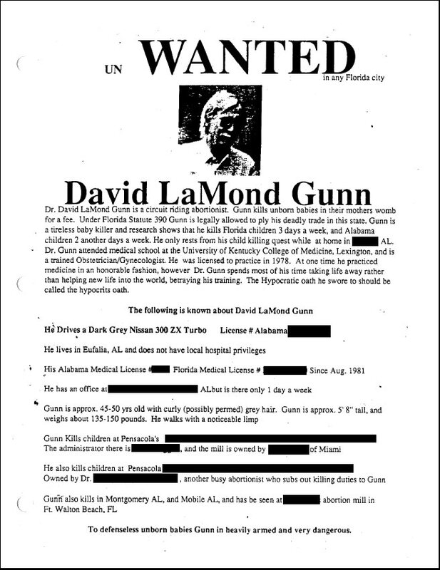 A flyer with a photo of Dr. David Gunn and text detailing his clinic and home addresses and why he is "wanted" by the creators of the poster.