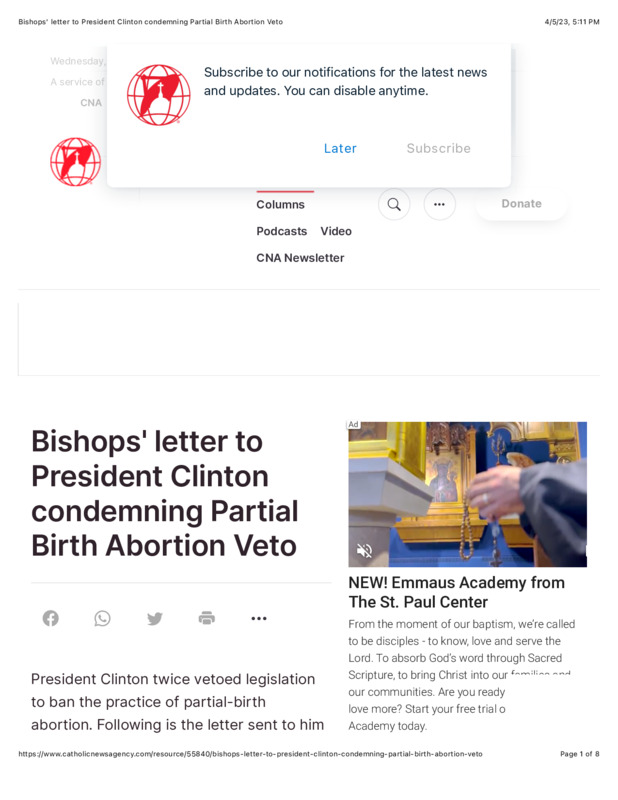 PDF derived from a website depicting a letter written to President Bill Clinton from a group of Catholic bishops. It is on a white background with black text.