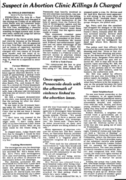 A newspaper article entitled "Suspect in Abortion Clinic Killing is Charged" 