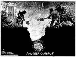 
Black and white political cartoon depicting two figures: left is a woman labeled "Abortion Rights Crowd" with a shovel. Right is a man in a suit, Bill Clinton, with a shovel. Both figures are outside of the White House shoveling dirt to cover a pile of papers labeled "Facts on Partial Birth Abortion".