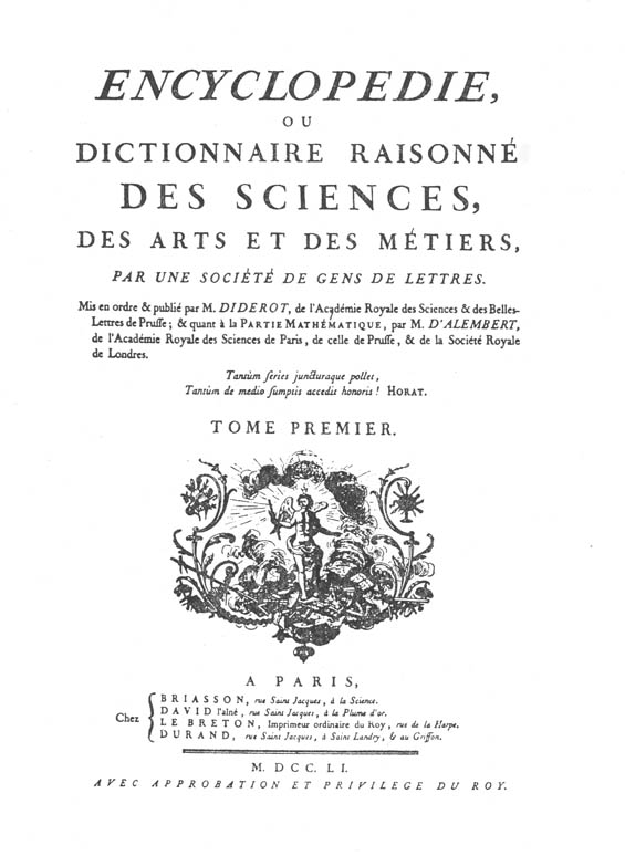 Scan of title page of Encyclopedie ou Dictionnaire Raisonne