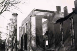 Image of the pillars and walls remaining after the Chambers fire. Photograph Collection, number 123412. Davidson College Archives, Davidson, N.C.